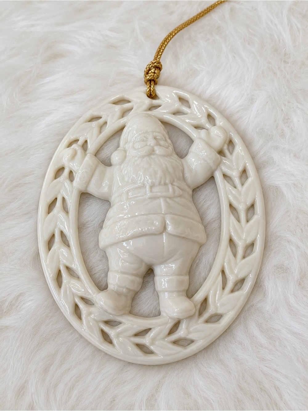 Lenox 1986 Yueltide White Ceramic Santa Hanging Ornament with Gold Cord